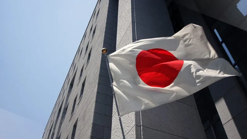 Japanese flag in front of a financial district building