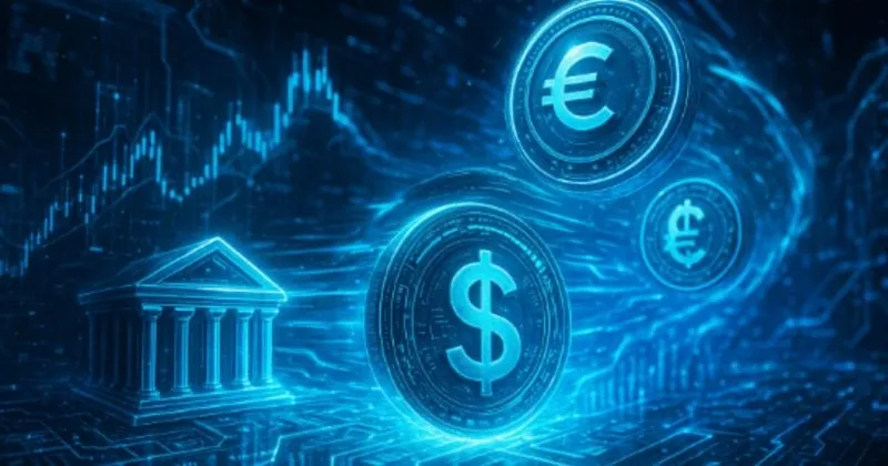 Illustration of European banks moving digital money onto a shared blockchain network
