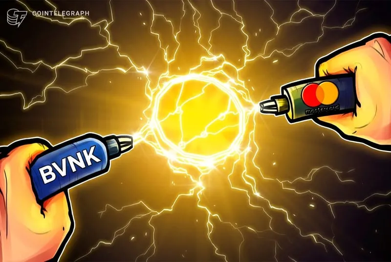 Illustration of BVNK and Mastercard branded connectors meeting at a glowing blockchain network