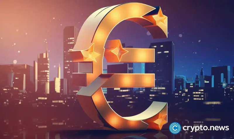 A euro currency symbol against a city skyline, representing euro-denominated stablecoins