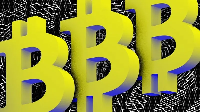 A Bitcoin symbol against a dark background, illustrating Bitcoin's record weekly price gain
