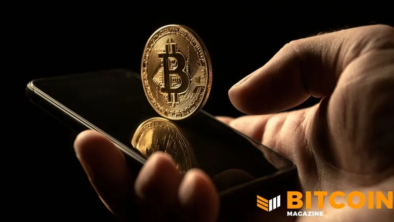 A hand holding a phone with a gold Bitcoin coin balanced above the screen