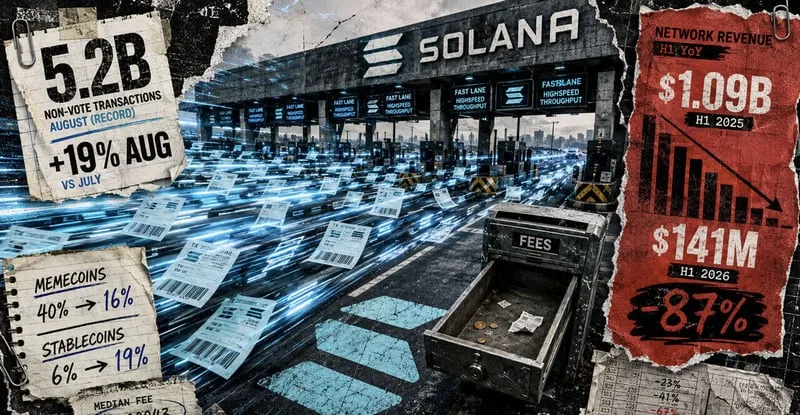 Collage of Solana transaction figures beside a falling network revenue chart
