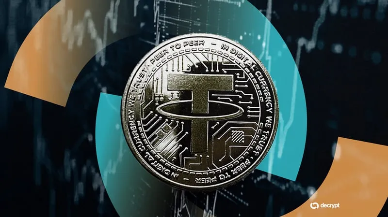 A silver Tether coin against a dark price chart background
