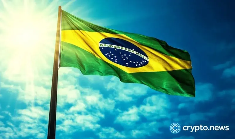 Brazilian flag colors over a financial district skyline