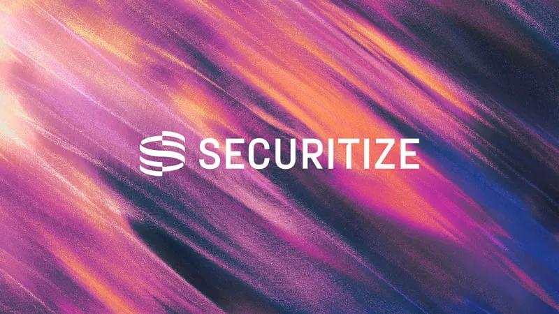 Logotip Securitize na vijoličasto-oranžnem abstraktnem ozadju