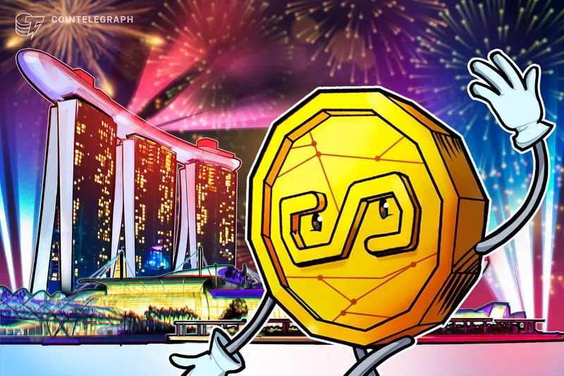 Ilustriran lik stablecoina maha pred singapurskim Marina Bay Sands ponoči