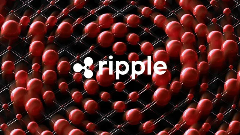 Ripple logo over a lattice of red spheres