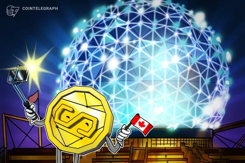 Cartoon stablecoin holding a Canadian flag and a selfie stick in front of a glowing network sphere