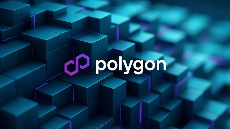 Polygon logo over a field of dark teal blocks