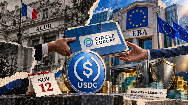 USDC coin in front of the ACPR and EBA buildings, with a Circle Europe folder being handed over and a November 12 calendar page