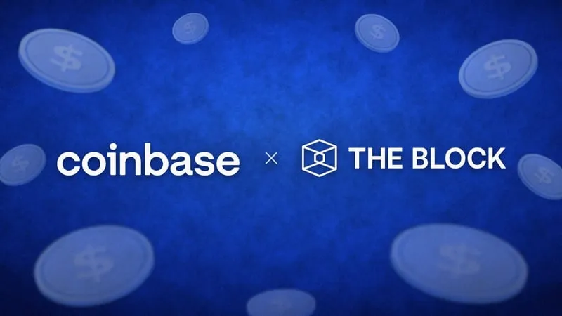 파란 배경에 떠 있는 달러 코인과 Coinbase 및 The Block 로고
