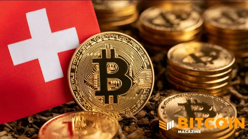 쌓인 코인을 뒤로 하고 스위스 국기에 기댄 금색 Bitcoin 코인