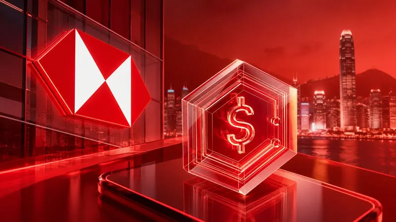 HSBC logo beside a glowing stablecoin symbol above the Hong Kong skyline