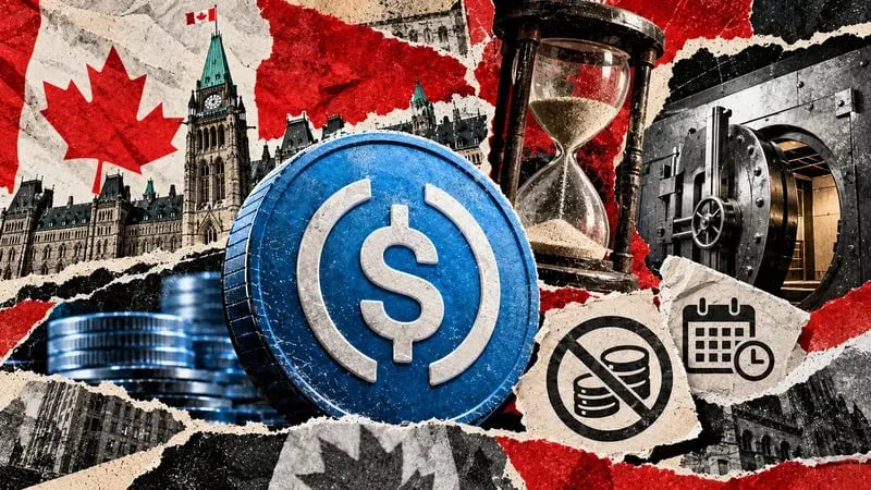 A USDC coin in front of Canada's Parliament buildings, an hourglass and a bank vault