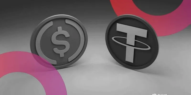Two grey stablecoin tokens, one with a dollar sign and one with the Tether logo