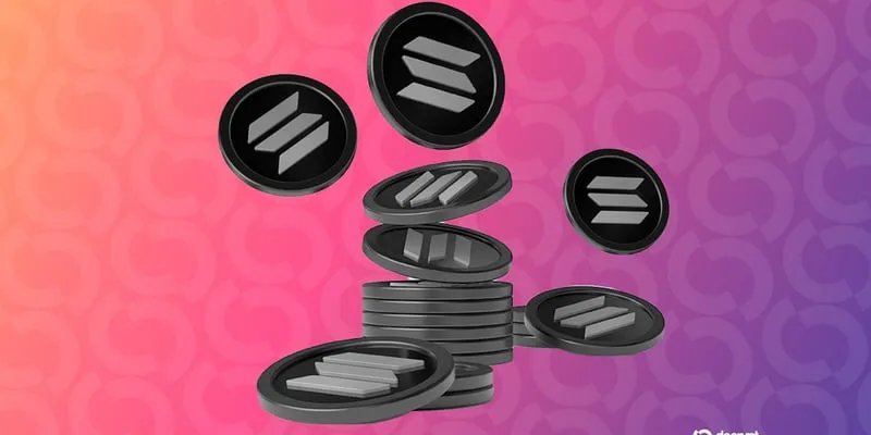 Black Solana coins stacked and falling against a pink and purple background