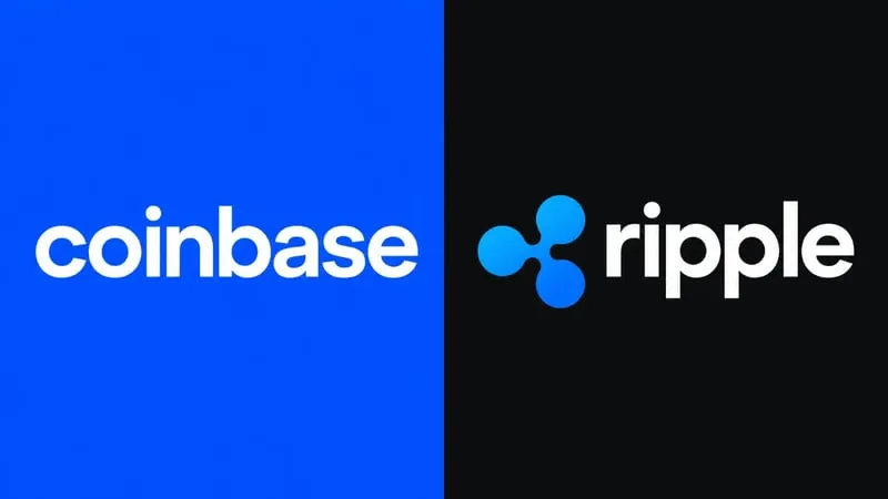 The Coinbase logo on a blue panel beside the Ripple logo on a black panel