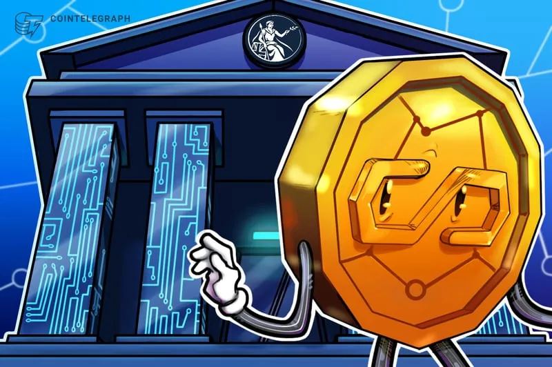 Cartoon of a gold coin with a face standing in front of a bank building with circuit-board columns