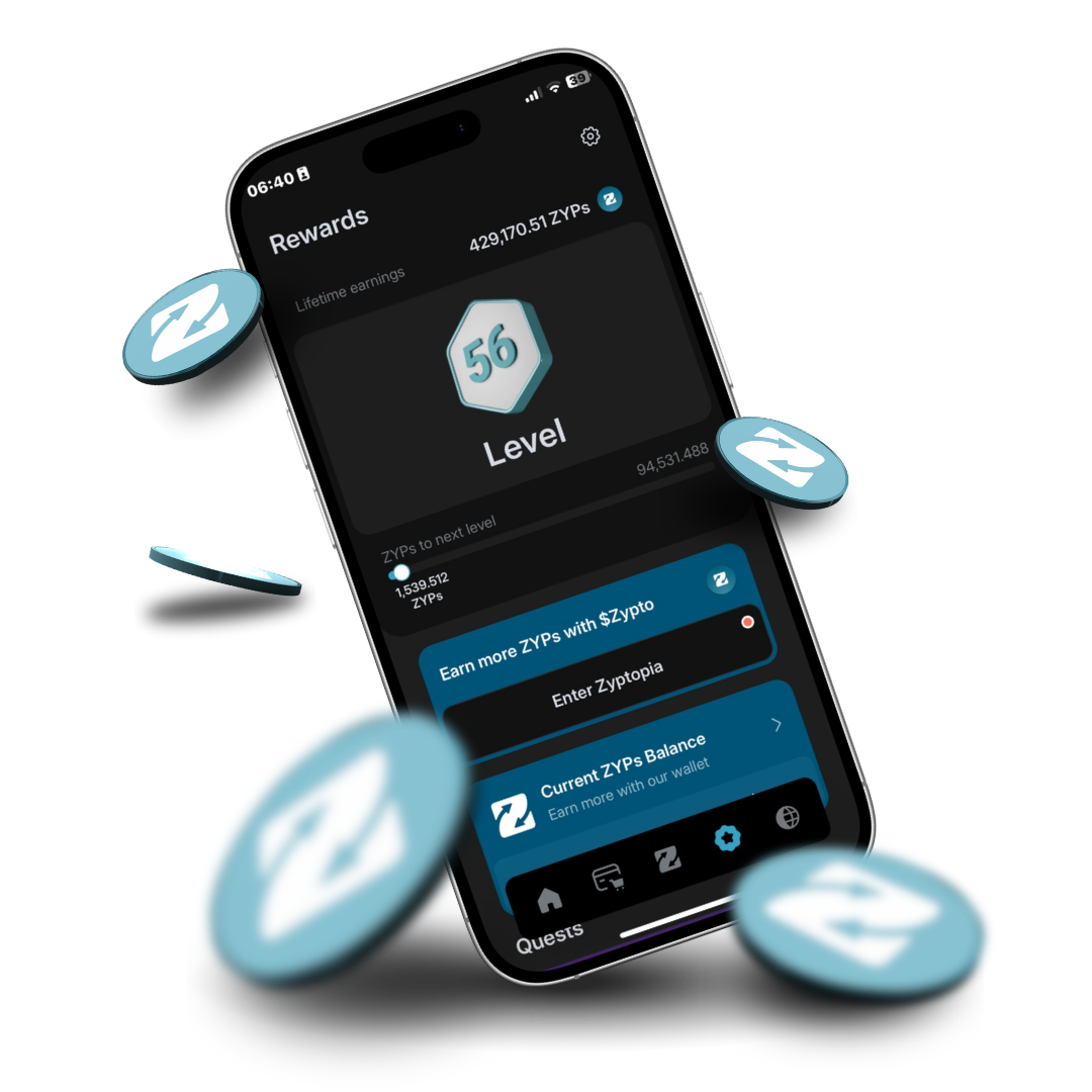 The Rewards Hub in Zypto App showing ZYP points and level