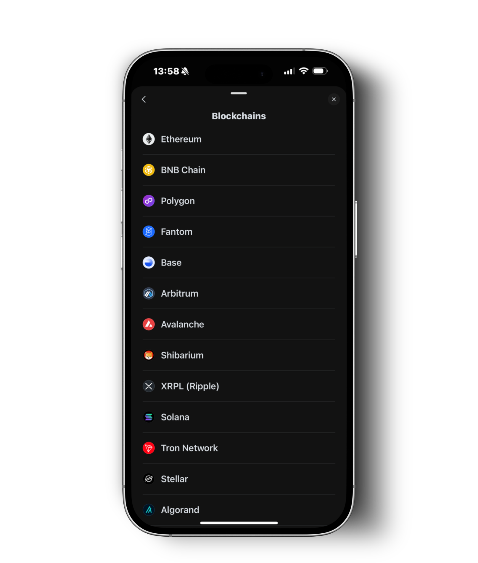 Blockchains list in Zypto App showing Ethereum, BNB Chain, Polygon and more
