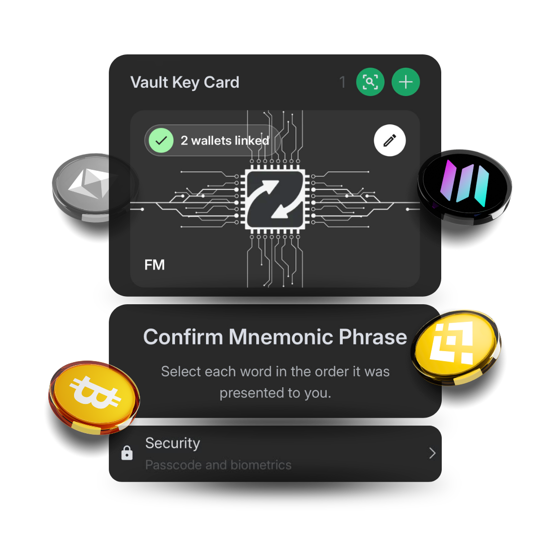Zypto App showing the Vault Key Card with 2 wallets linked, Confirm Mnemonic Phrase, and Security passcode and biometrics