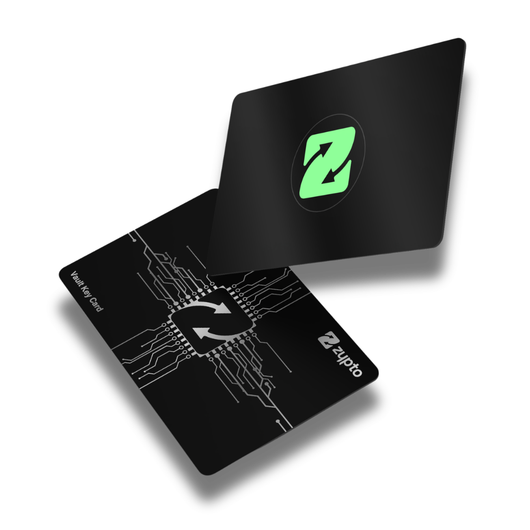Two Vault Key Cards floating, the green-Z face and the white circuit face