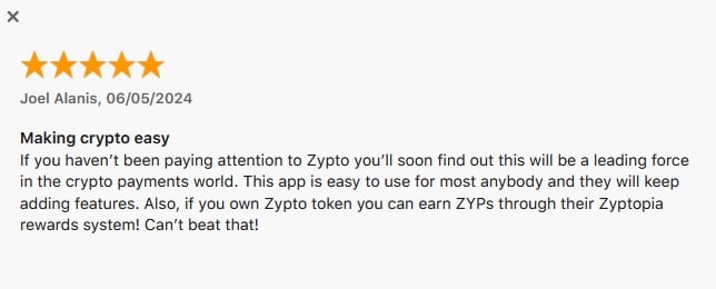 Zypto App 5 Star Review on App Store