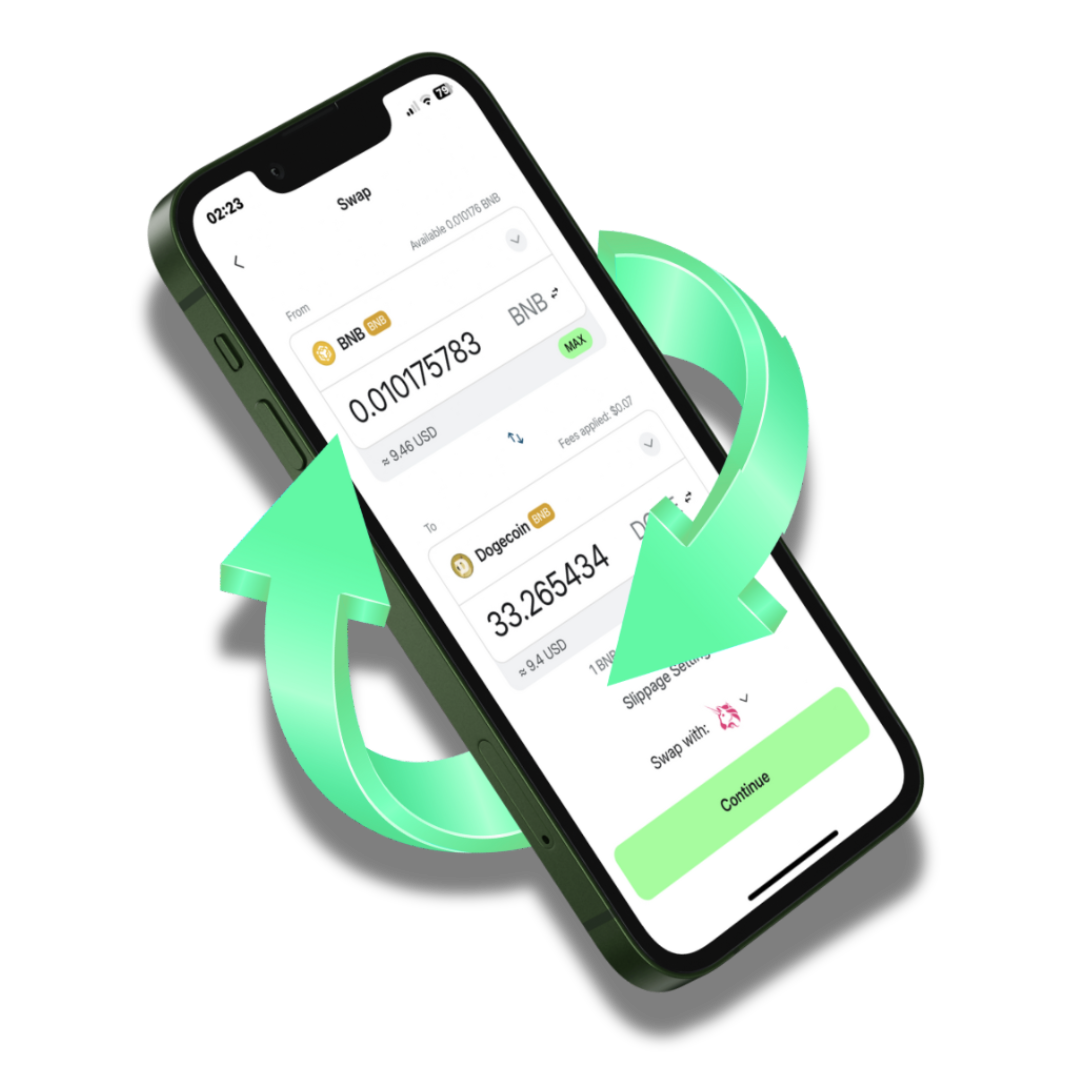 Zypto App crypto swap interface showing fast cross-chain swaps between BNB and Dogecoin, with real-time exact quotes and pricing Zypto App crypto swap interface showing fast cross-chain swaps between BNB and Dogecoin, with real-time exact quotes and pricing