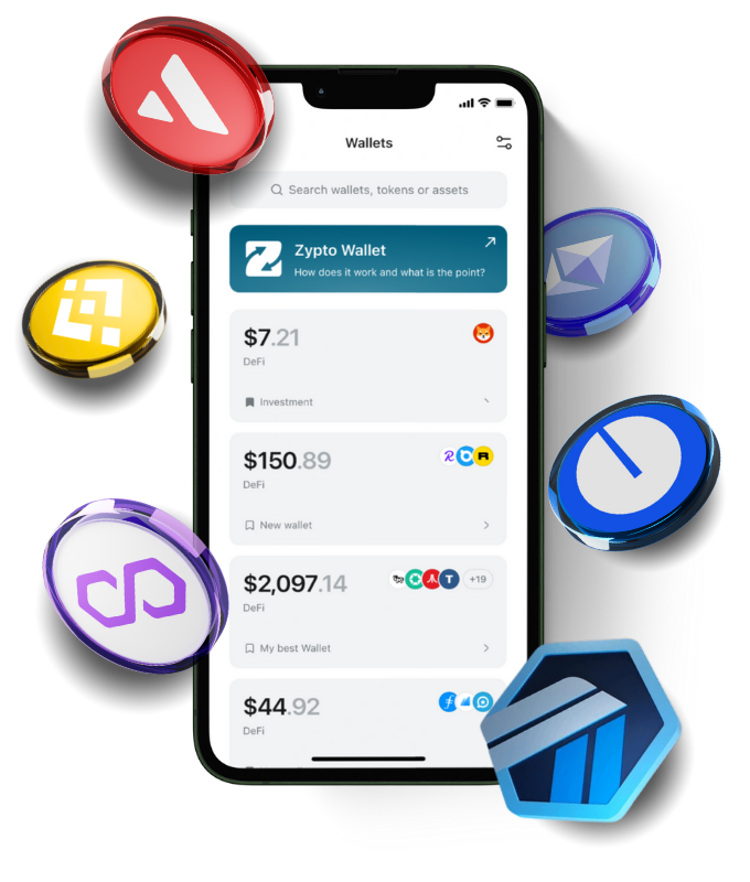 Zypto App showing in-app multi-chain wallets and support for tokens across Ethereum, Arbitrum, Polygon, BNB Chain, and more